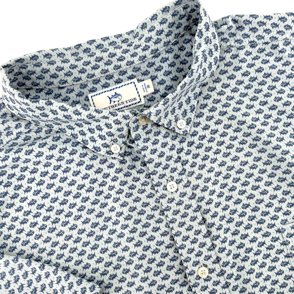 Southern Tide Intercoastal XXL Blue Fish Print Short Sleeve Button Down Shirt
